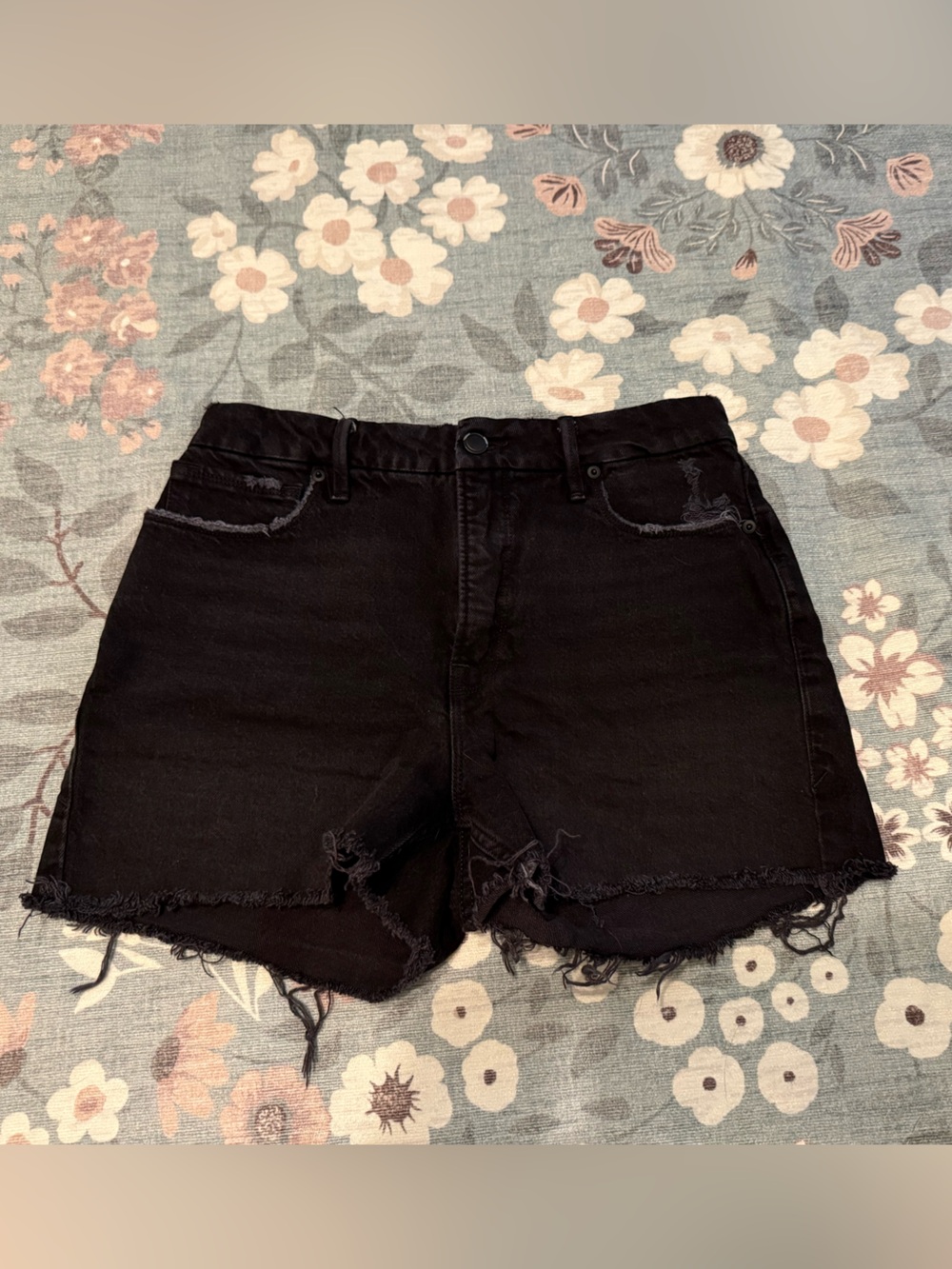 Good American Black High-Waist Distressed Denim Shorts